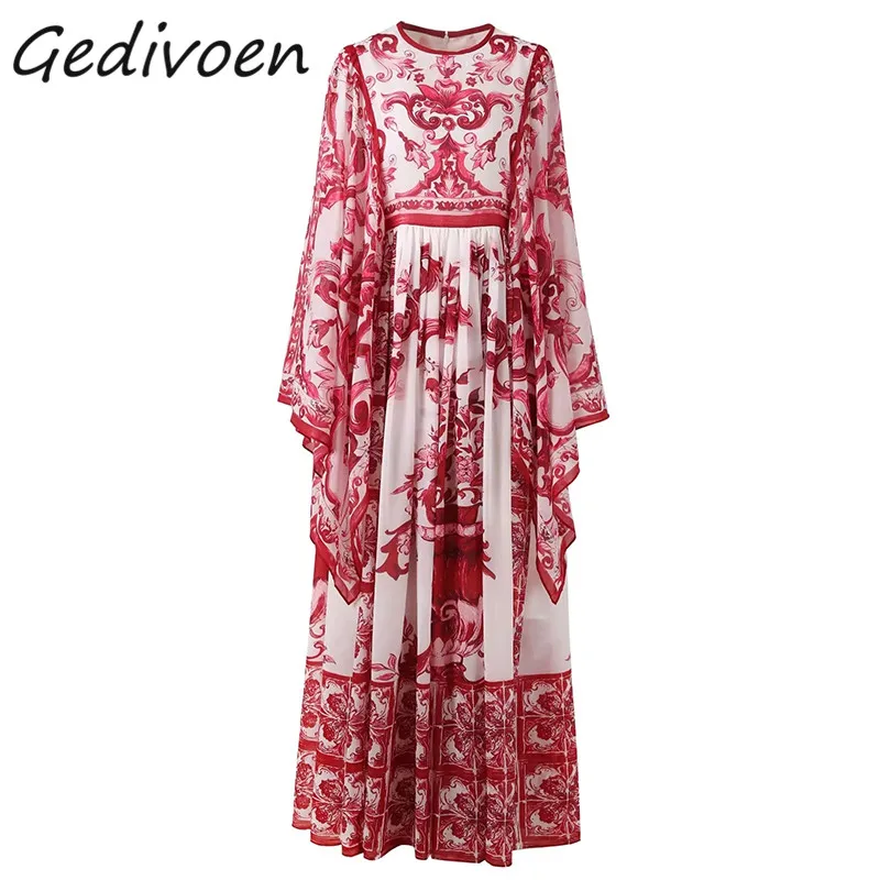 

Gedivoen Summer Fashion Designer Vintage Loose Dress Women's O-Neck Flare Sleeve Gathered Waist Party Red Print Maxi Long Dress