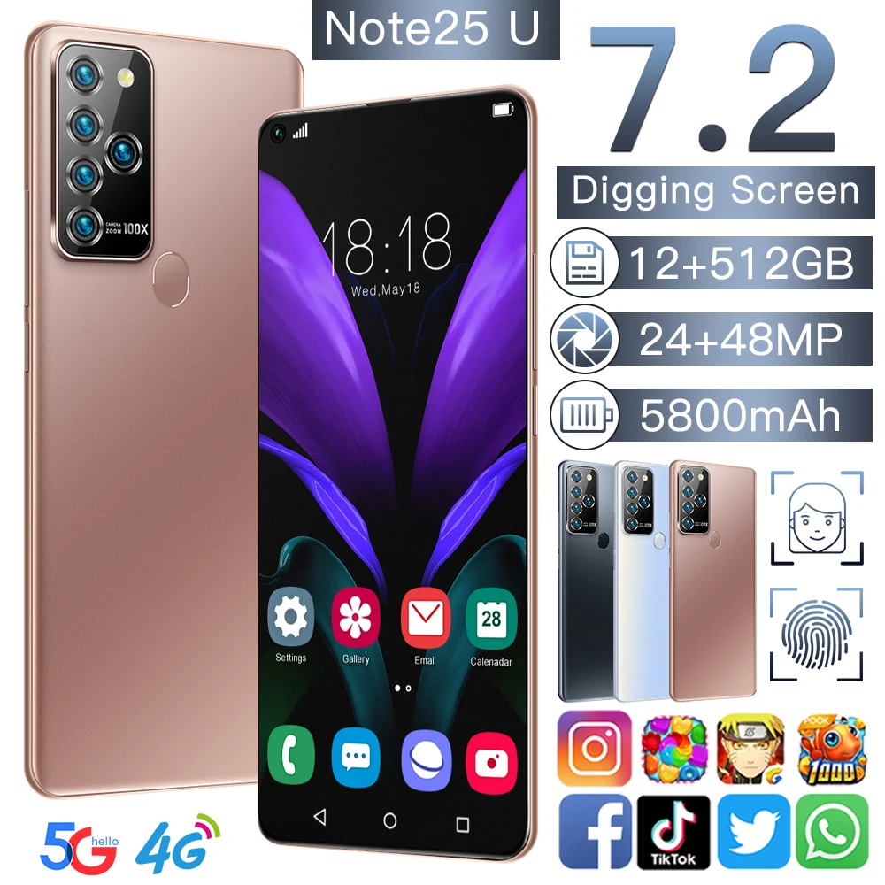

Смартфон Note25U, 7,2 дюйма, 16 + 512 ГБ, HD + 1440*3040, процессор MTK6889, Android, две карты, 5800 мач, 24 + 48 Мп, стеклянная версия