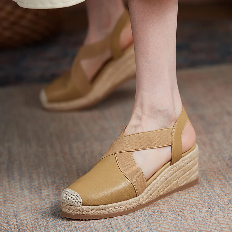 

leisure bottom fisherman shoes women cow leather 2022 spring summer new straw platform wedges slope high heels slingback sandals