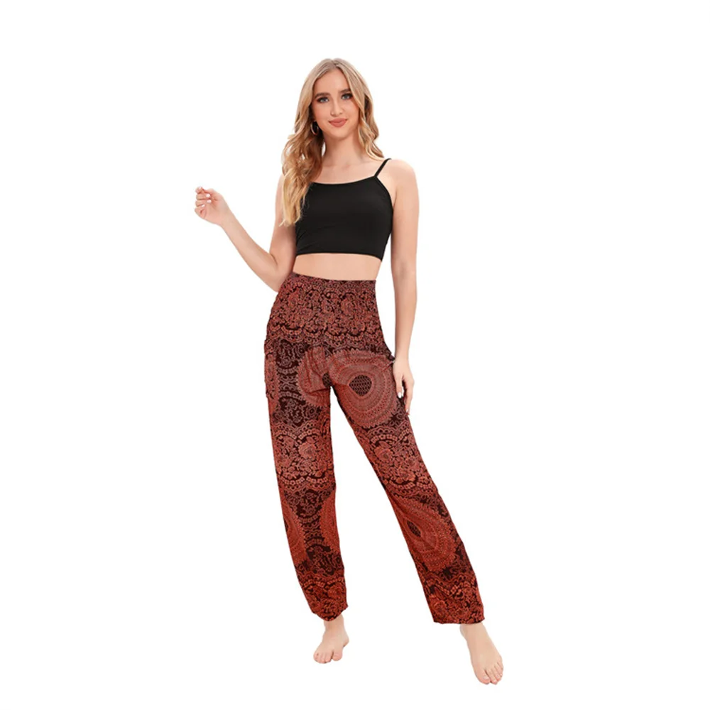 Women's Bohemian Printing Rayon Beach Pants Summer New Elastic High Waist Women Sports Long Trousers Boho Hip Hop Streetwear
