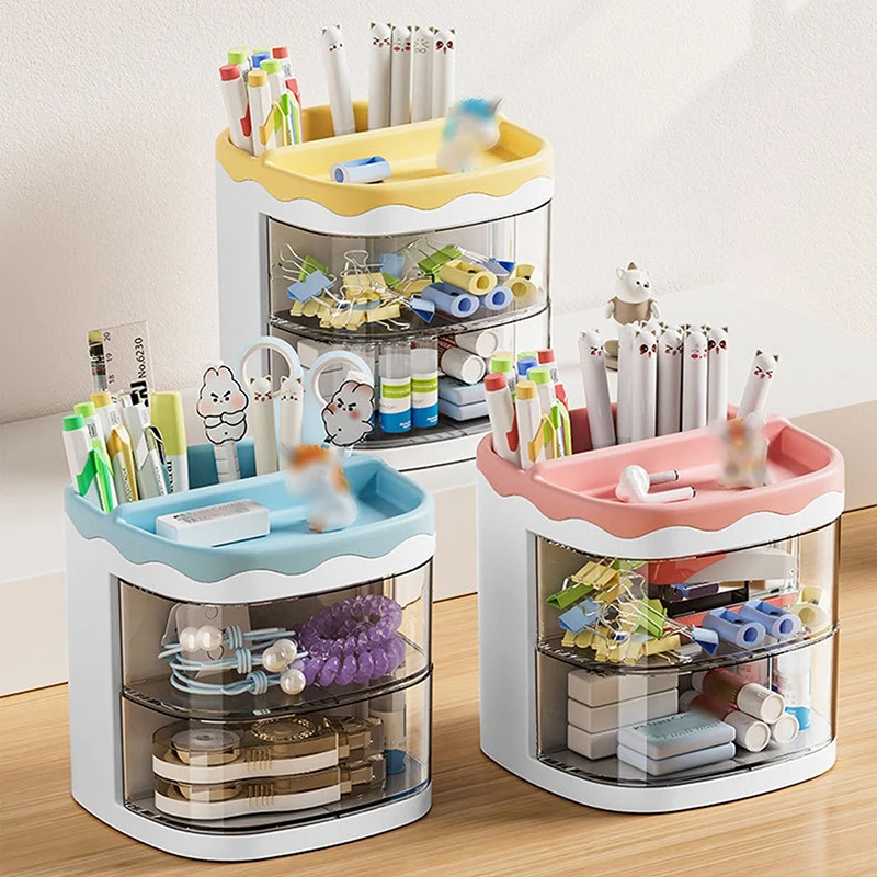 

Double Shelf Cosmetics Practical Pencils Multi-functional Organizer Student Storage Rotating Desk Rack Layers Storage Holder Pen