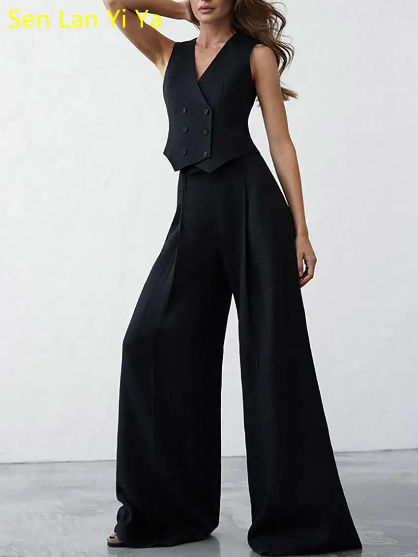Sen Lan Yi Ya Summer Elegant Black New Two Piece Fashion Slim V-Neck Double Breasted Vest And High Waisted Wide Leg Pants Sets