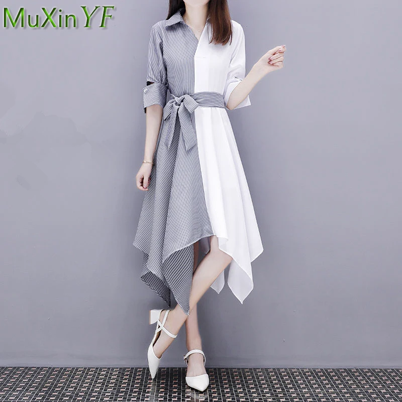 

Женское асимметричное платье-рубашка средней длины, повседневное элегантное платье-рубашка составного кроя в полоску с поясом на завязках ...