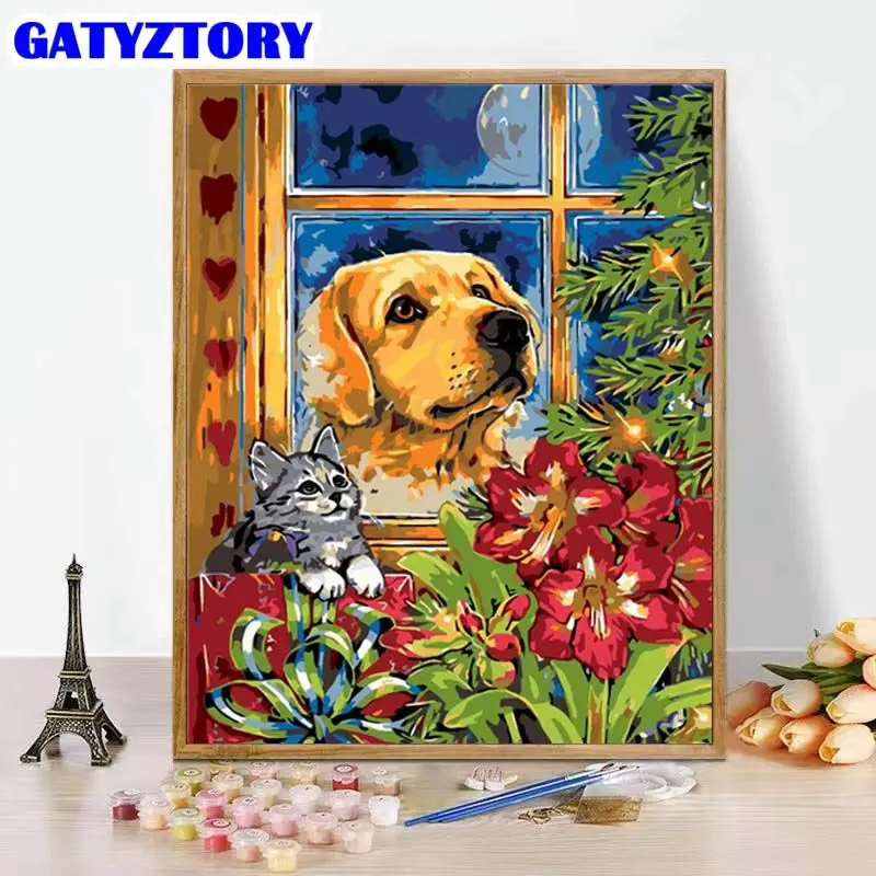 

GATYZTORY Рисование по номерам собака и кошка ручная роспись ed искусство рисование на холсте подарки Diy картины по номерам животные наборы домаш...