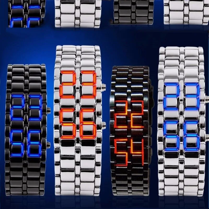 Fashion Black Full Metal Digital Lava Wrist Watch Men Red/Blue LED Display Men's Watches Gifts for Male Boy Sport Creative Clock |