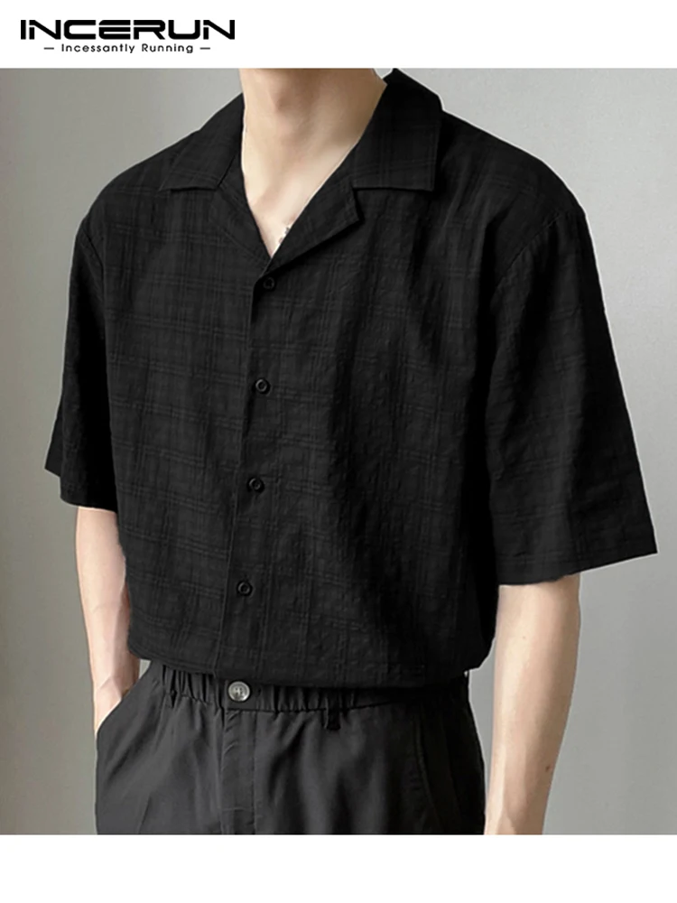 Fashion Well Fitting Tops INCERUN Handsome Men's Dark Grid Short-sleeved Blouse Casual Male Solid Simple Lapel Shirts S-5XL 2022