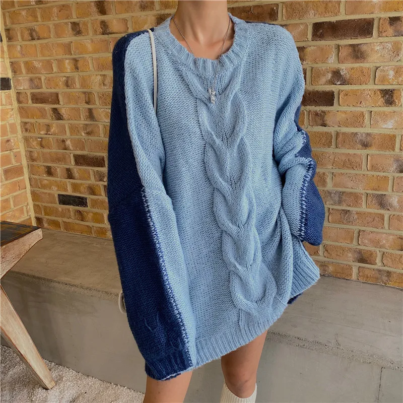 

[EWQ] Women Knit Sweater Pullover Cable Oversize Stitching Trend Sweater Knit Top Winter Fashion 2021 Keep Warm Queen Oversized