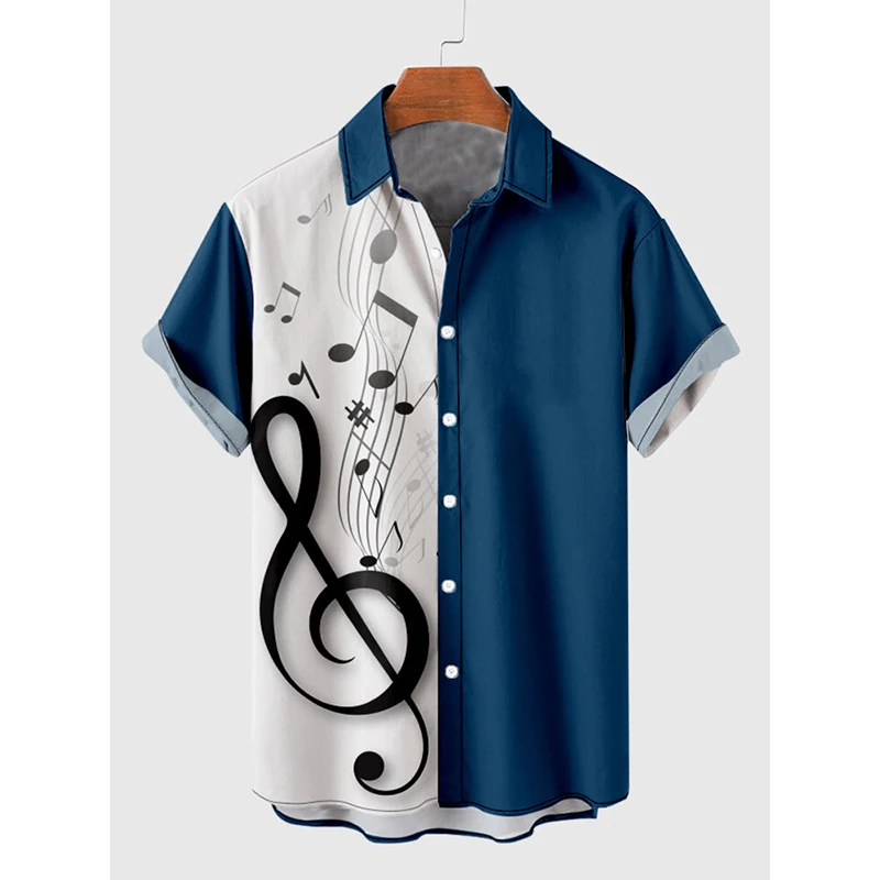 

Musical Notes And DarkCyan Stitching Button Down Men‘s Holiday Breathable Short Sleeve Tee Shirt Men Oversized Blouse Tops