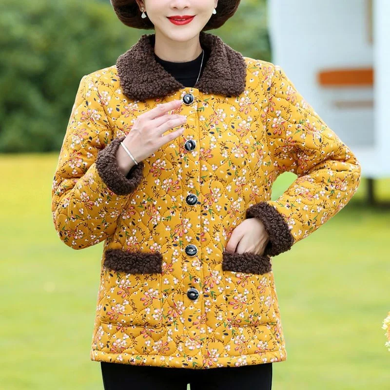 Mother 2022 New Short Cotton Jacket Autumn and Winter Cashmere Women's Floral Cotton Suit Light and Thin Coat Warm Little Cotton