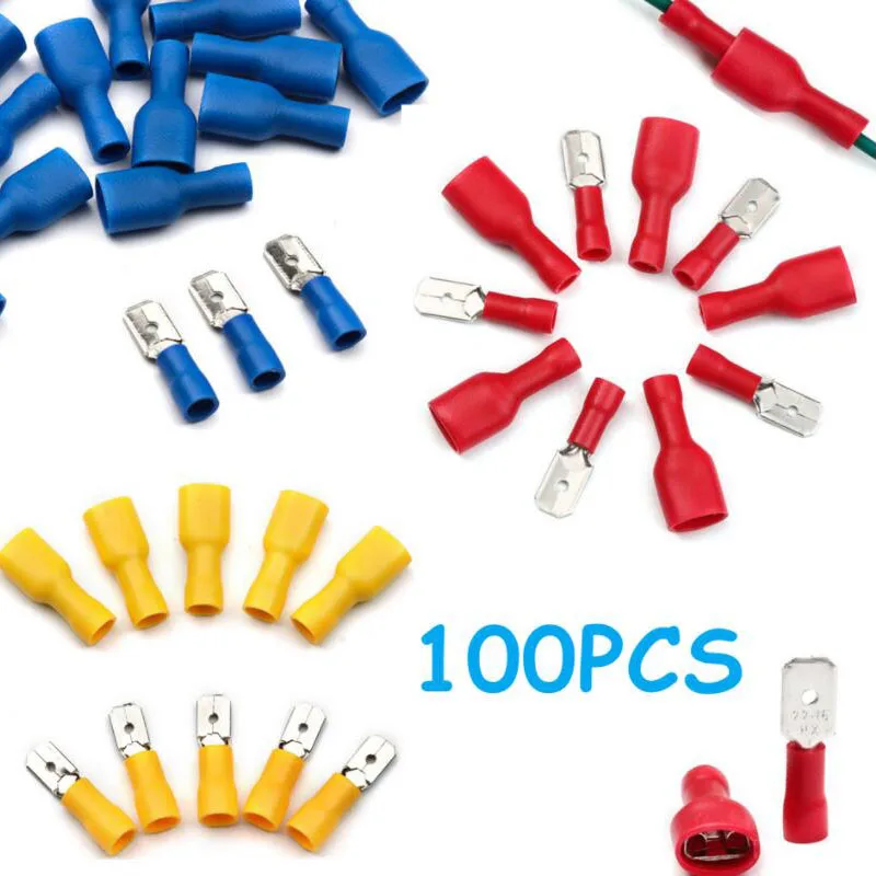 

100pc Insulated Spade Electrical Wire Crimp Terminals Female Male Cold Pressing Lugs Wire Connectors Wiring Cable Plug 22-10 AWG