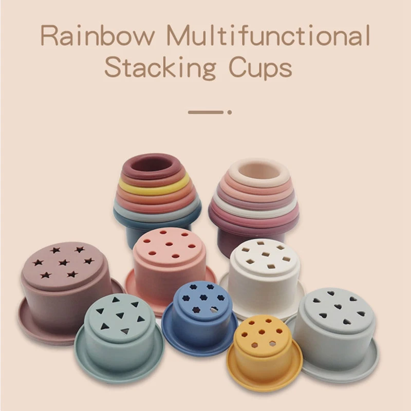 

Baby Stacking Toys Infant 7 Cups Silicone Educational Building Block Toddler Montessori Folding Tower Toys Kid Beach Play Gift