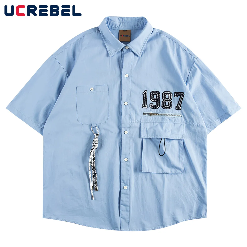 

Letter Patch Short Sleeve Shirt Mens Streetwear Pocket Half-Sleeve Top Summer Single Breasted Shoulder Drop Lapel Shirts Men