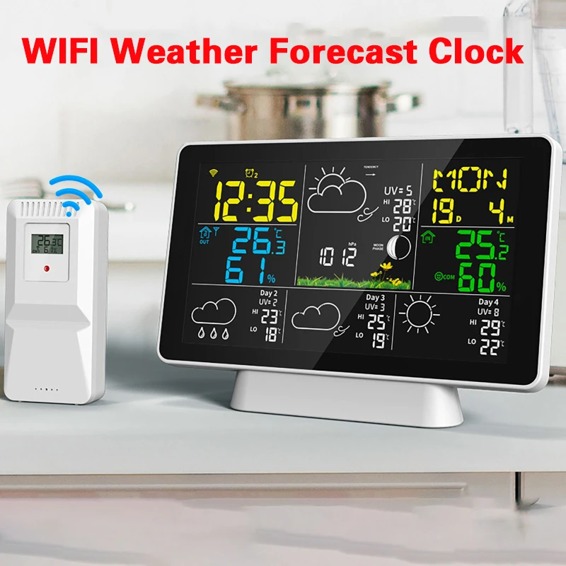 

Многофункциональные часы-будильник с вечным календарем, цветной экран 100 футов (м), беспроводные умные часы с Wi-Fi и прогнозом погоды