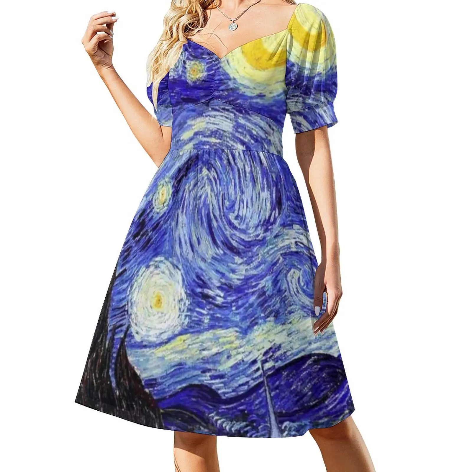 

Van Gogh Mountains Dress Starry Night Mountain Inspiration Elegan Dresses Summer V Neck Streetwear Casual Dress Vestido 4XL 5XL