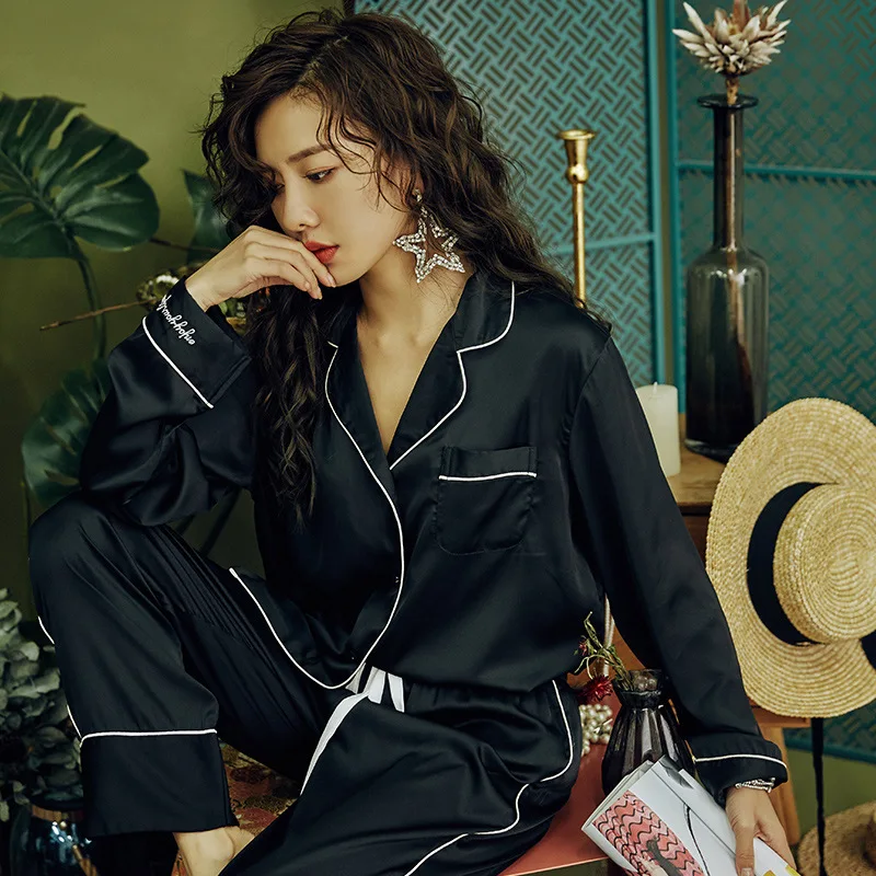 Women's 2 Piece Pajamas Sets Cute Pijama Faux Silk Satin Pyjama Female Sleepwear Long Sleeve Shirt Long Pants Homewear for women