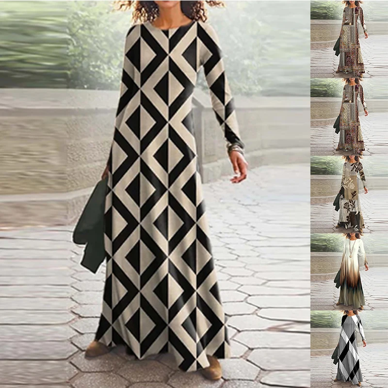

Женское длинное платье с геометрическим принтом, элегантное офисное платье макси с круглым вырезом, весна 2023