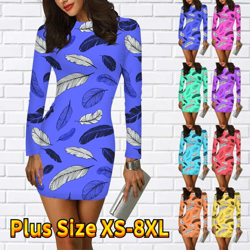 

2022 New Autumn Winter Women Round Neck Slim Skirt Feather Printing Short Skirt Long Sleeve Skirt Ladies Sexy Trend Tight Skirt