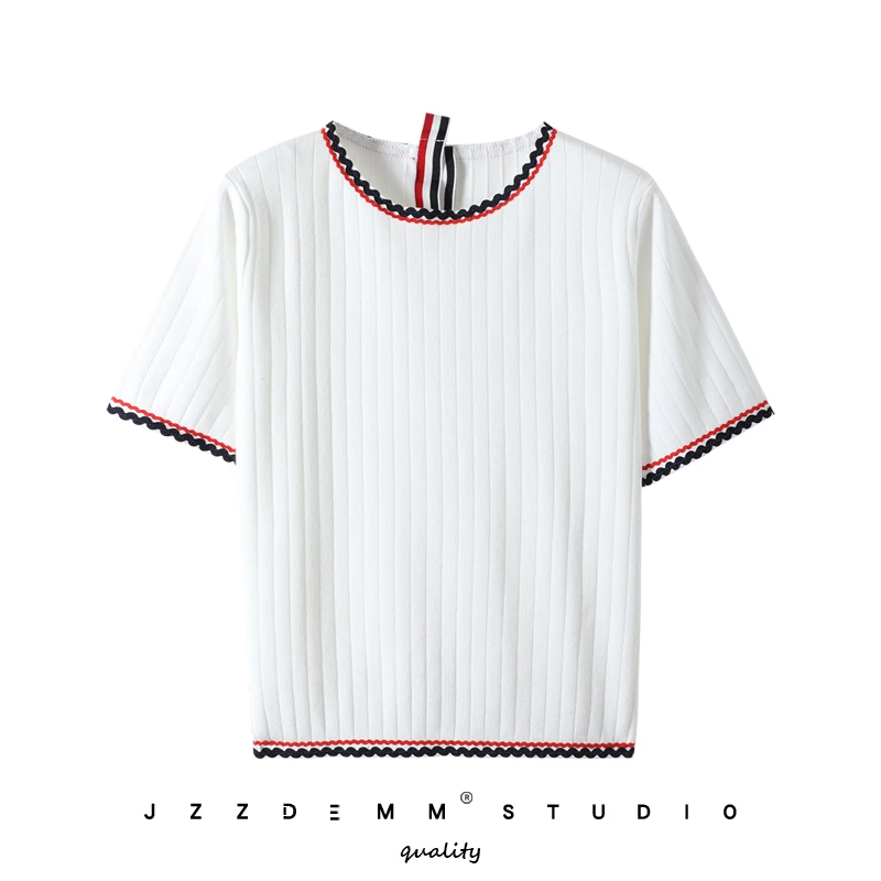 

TB three-color striped pit strip round neck knitted short-sleeved t-shirt women's summer new Korean version loose thin top