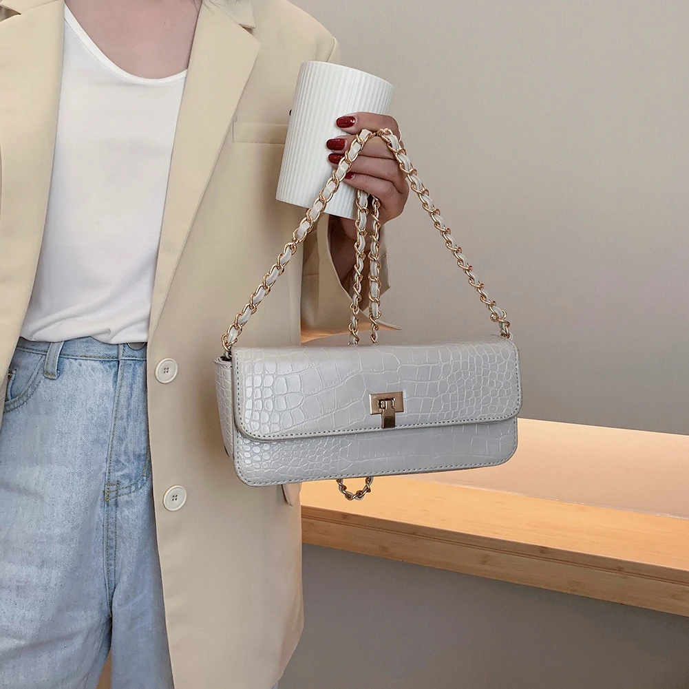 

Popular Simple Female Daily Bag Women Solid PU Alligator Purse Elegant Chain Shoulder Messenger Bag Party Clutch