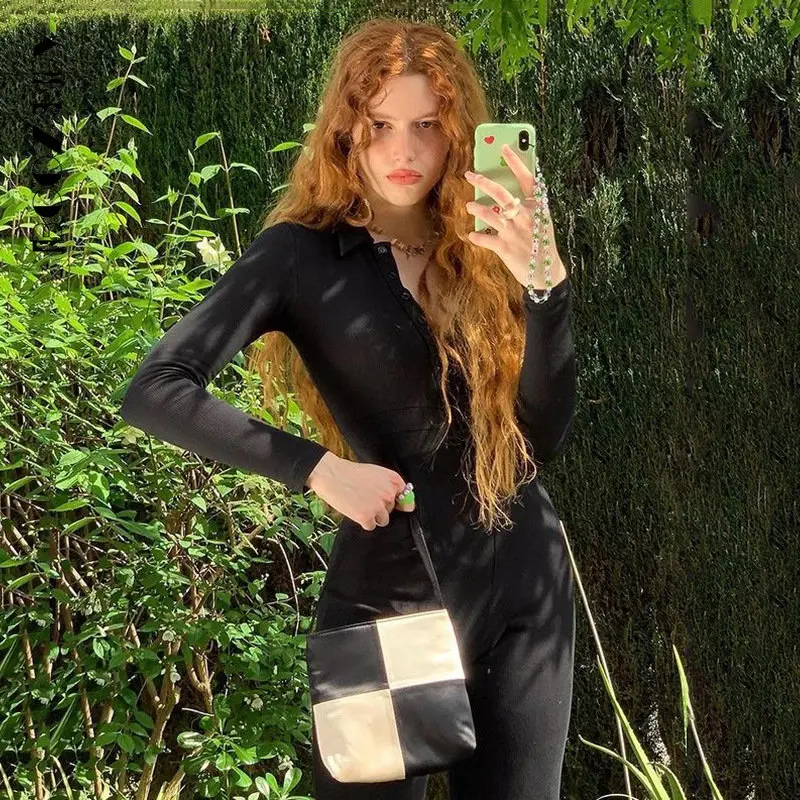 BoozRey Autumn Sexy Long Sleeves Single-breasted Jumpsuits for Women Casual Flare Pants Rompers Club Party One Piece Outfits