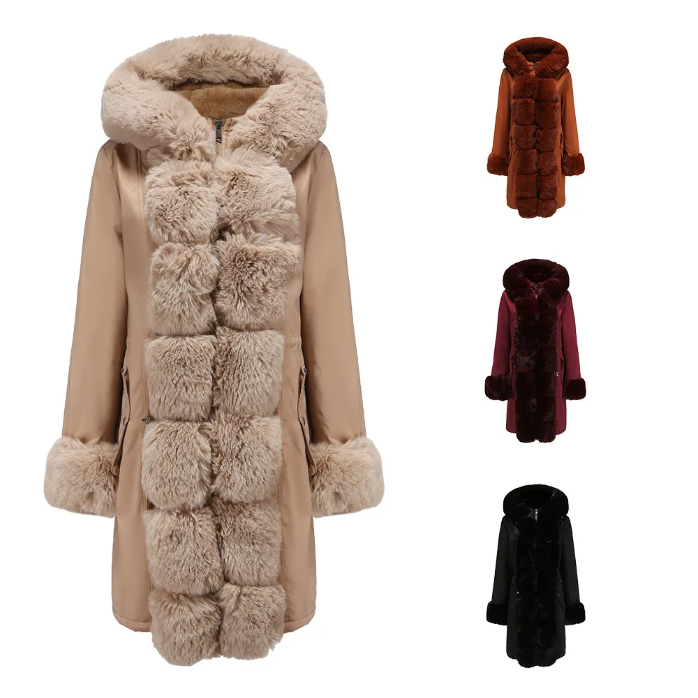Coat woman cotton jacket  detachable fur collar mid-length long sleeve pie overcomes solid color hooded warm