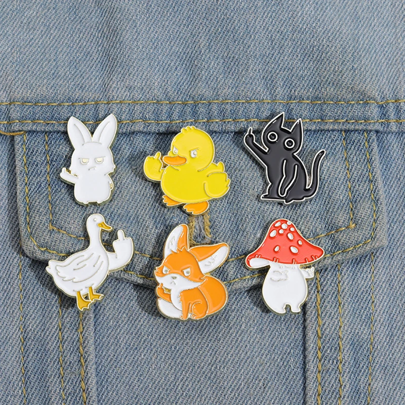 Sarcastic Enamel Pins Custom Animal Rude Finger Brooches Lapel Badges Cartoon Fox Rabbit Duck Cat Jewelry Gift for Kids Friends