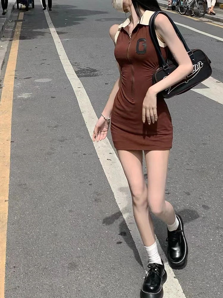 

Vintage Dress for Woman Sheath Mini Dresses Party Sexy Polo Collar Preppy Style Kawaii Dress Summer 2022 Clothes Vestidos Mujer