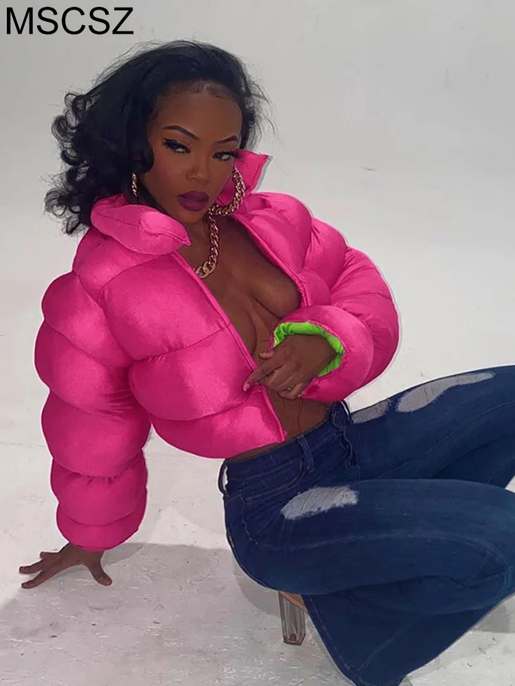 Winter Puffer Jacket Women 2022 Fashion Warm Parka Zip Up Cropped Quilted Jacket Coat Y2K Streetwear barbiecore