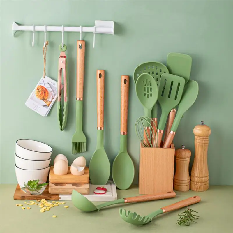 

Silicone Kitchen Utensils Set Anti Scald Nonstick Wood Handle Cooking Gadgets Heat Resistant Cookware Tools For Camping