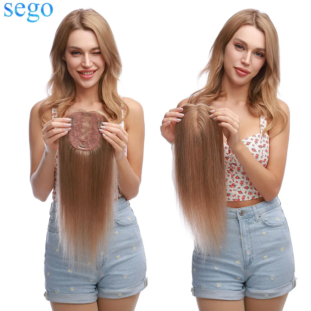 SEGO-Peluca de cabello humano con Base de seda para mujer, postizo de pelo Natural a máquina, extensiones de cabello con Clip, 10x12cm