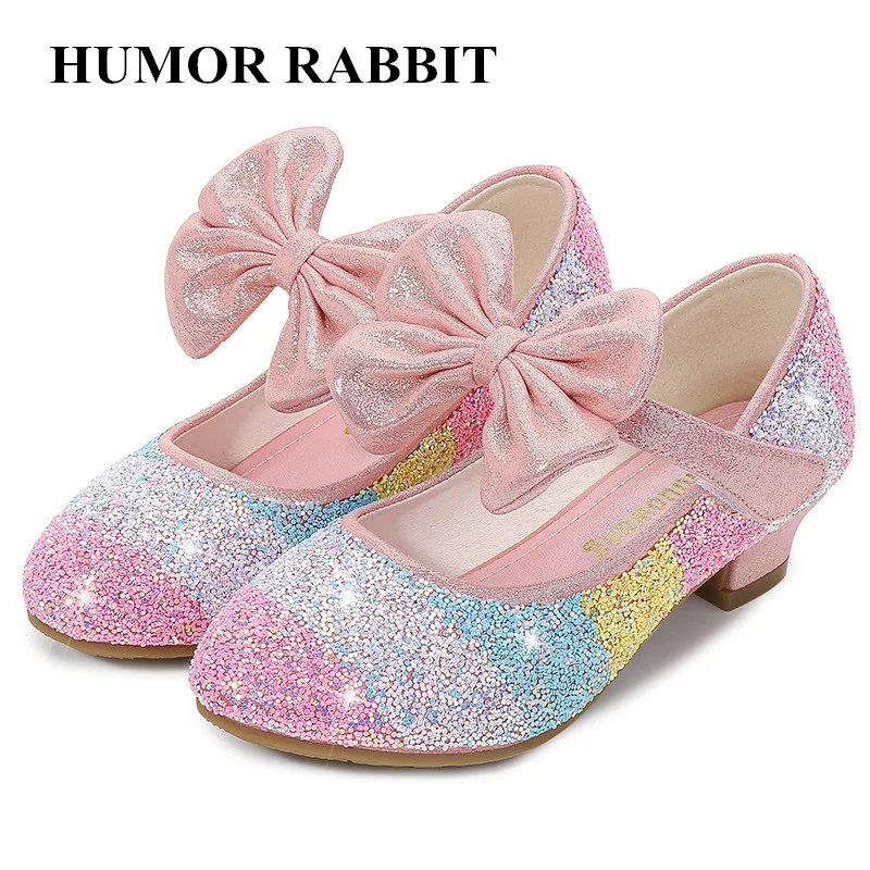 Girls Leather Shoes Princess Shoe Children Shoes Round-Toe Soft-Sole Butterfly Knot High Heel Princess Crystal Shoes Single Shoe