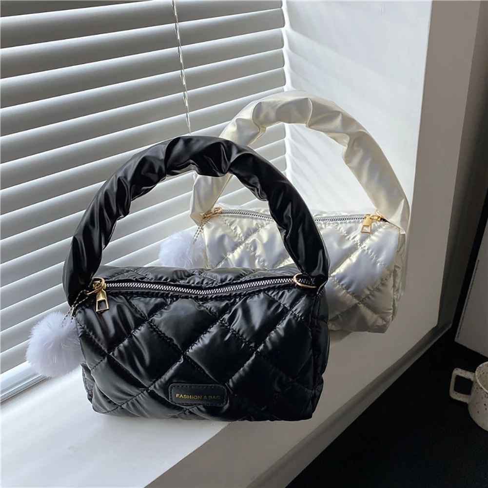 

Small Solid Color Shoulder Bag with Plush Ball Women Waterproof Nylon Bags Space Padded Cotton Feather Down Tote Female Handbag