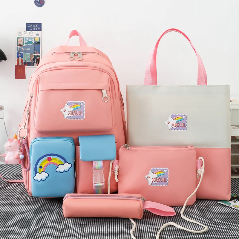 4 Piece Set Backpack Panelled School Bags For Teen Girl Cute Unicorn Accessories Bags Fashion Rainbow Printing Student Backpacks