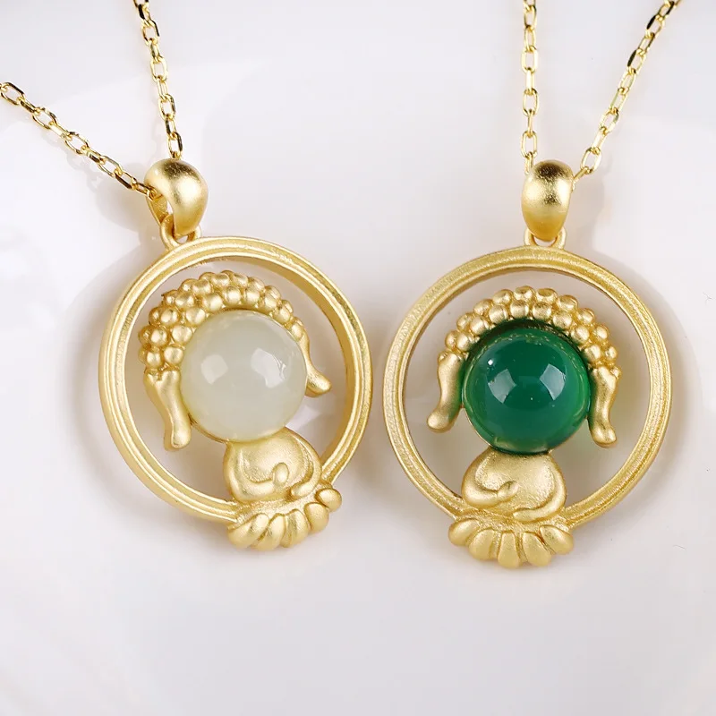 

S925 Sterling Silver Buddha Necklace Female Inlaid and Tian Yuyuan Halo Pendant