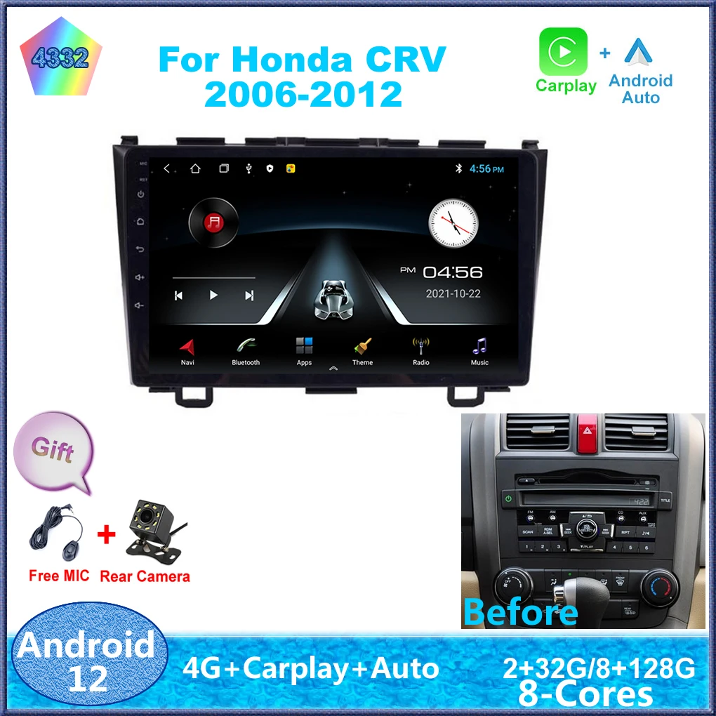 

9" For Honda CRV CR-V 2006-2012 Android 12 Carplay 8-Cores 4G Sim WiFi DSP RDS Car Radio Stereo Multimedia Player Auto GPS