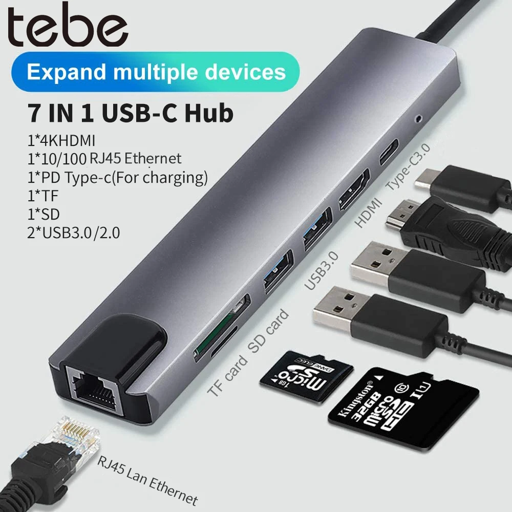 

tebe USB C Docking Station 7 IN 1 Type-c to 4K HDMI-Compatible RJ45 Ethernet SD TF USB 3.0 PD Hub Splitter For Macbook Huawei