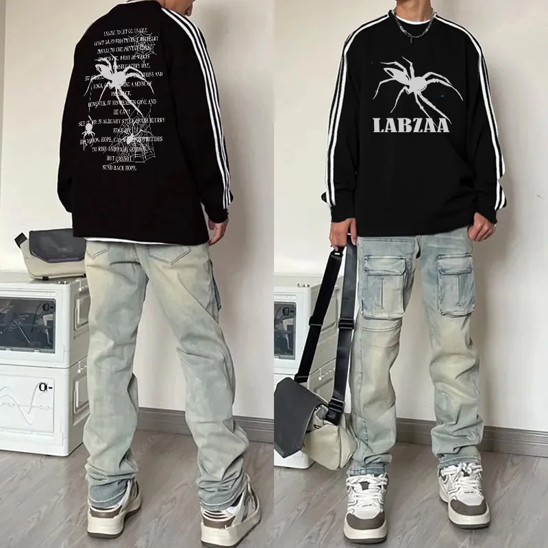 American Spider Letter Print Three Bars Long sleeve Men's Autumn Fashion Brand Design Casual Pure Cotton T-shirt Top Ins