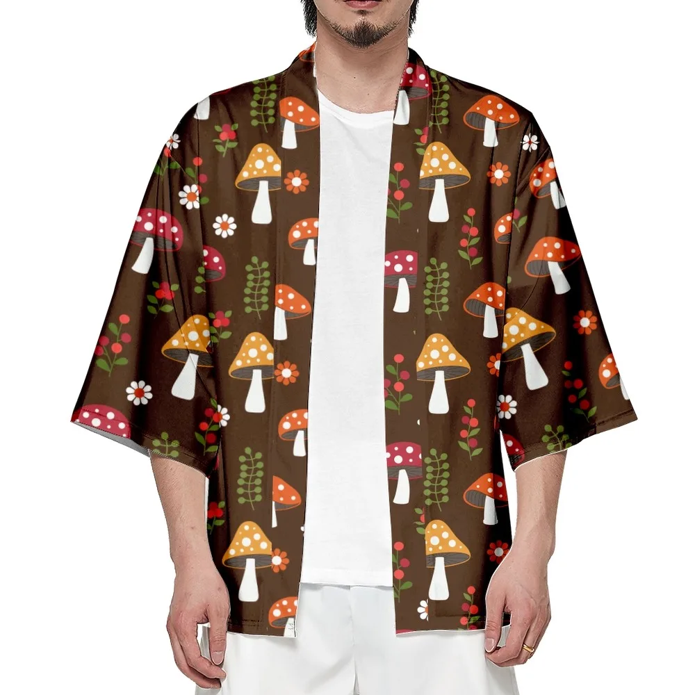 

2022 Mushroom Print Top Harajuku Haori Yukata Chinoiserie Fashion Japanese Kimono Streetwear Cardigan Men's Samurai