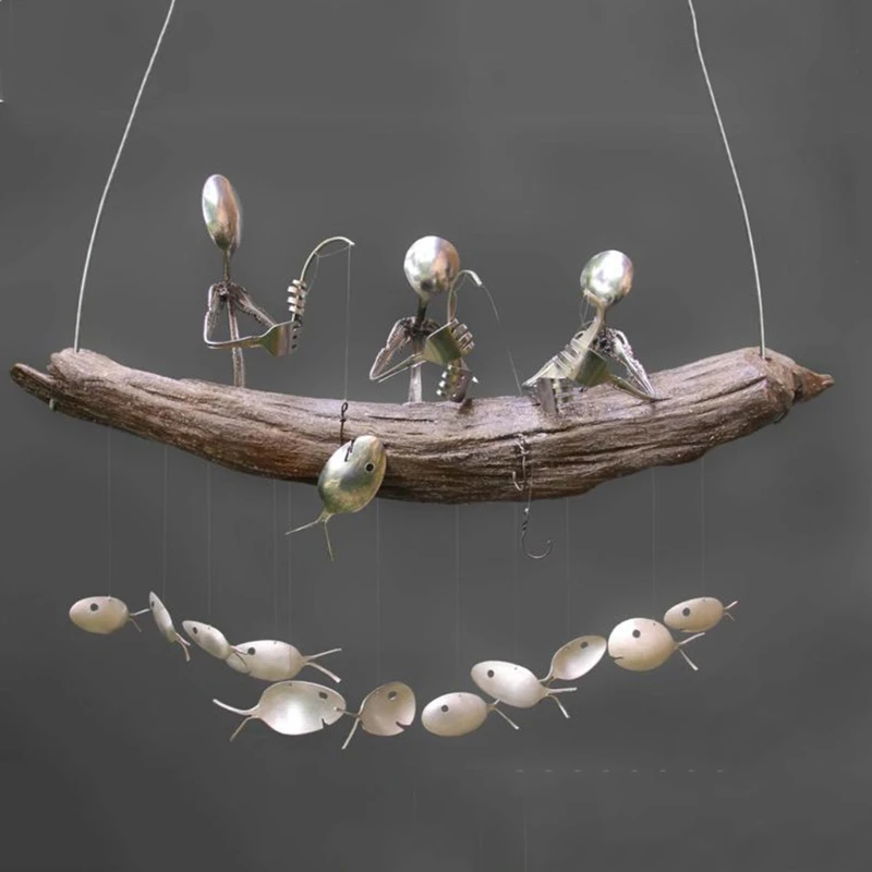 

Angeln Mann ветряные колокольчики Löffel Fisch Skulpturen Windchime для дома и улицы украшение для дома