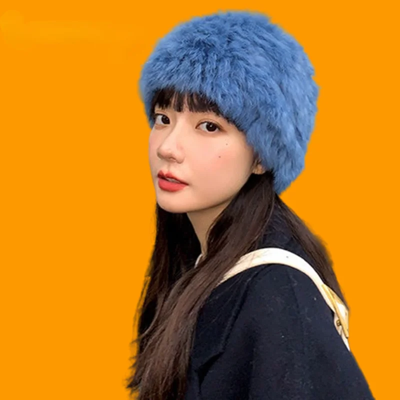 

Winter Rabbit Fur Hat for Women Russian Real Fur Knitted Cap Warm Thicken Beanie Hats Fashion Brand Designer Caps All Match