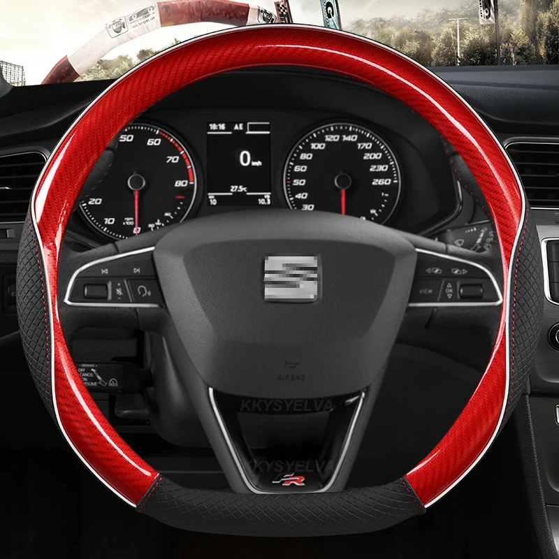 

Углеродное волокно + кожа Чехол рулевого колеса автомобиля Нескользящая 38 см для Seat Tarraco Arona Ateca Ibiza Toledo Mii Leon Arosa Exeo ST FR