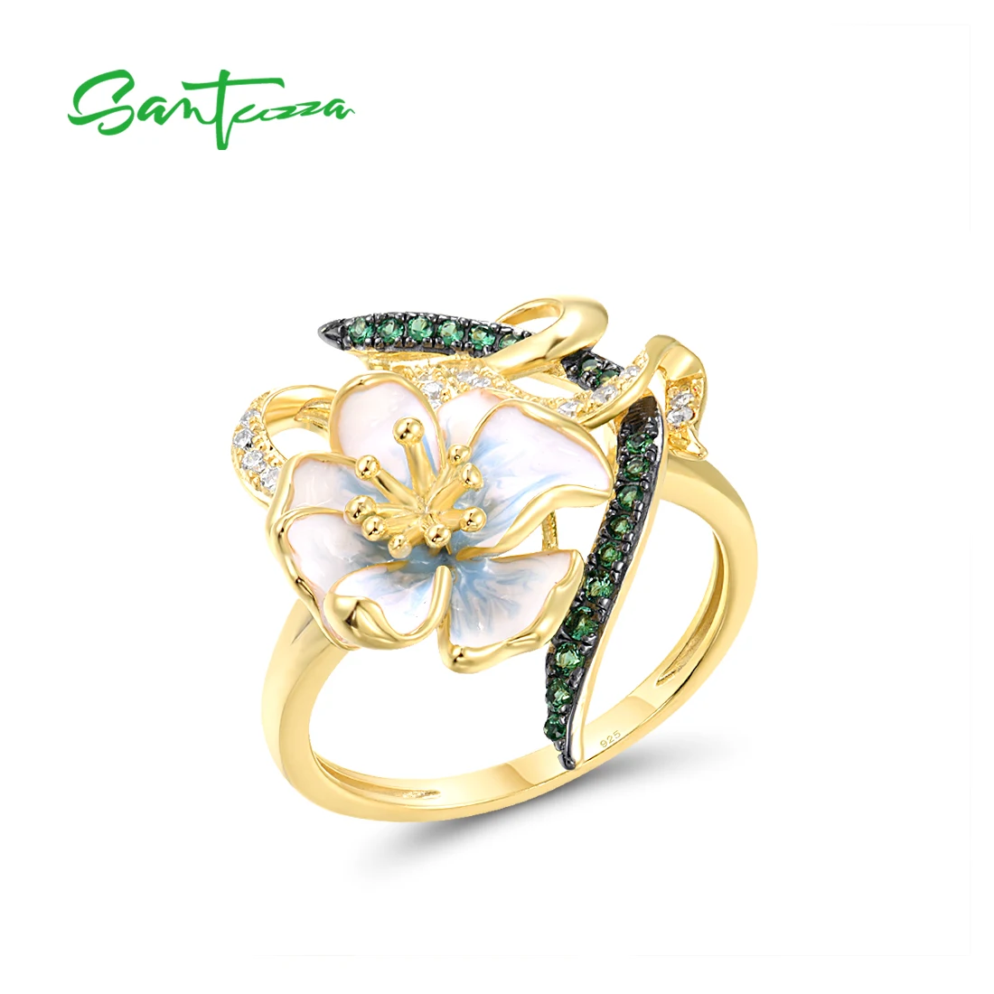 

SANTUZZA Genuine 925 Sterling Silver Rings For Women Green Spinel White CZ Handmade Enamel Flower Ring Delicate Fine Jewelry