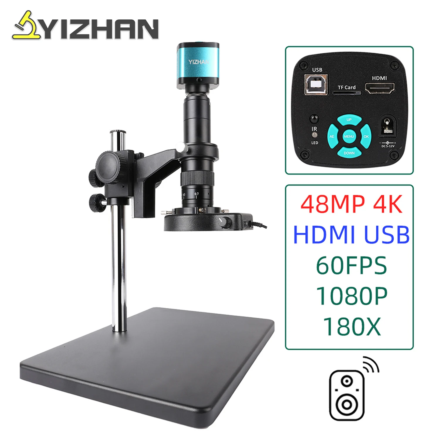 

YIZHAN Digital Video Microscope Camera 48MP HDMI USB VGA Full HD 180X Monocular Continus Zoom Upgrade Base Soldering Repair Tool