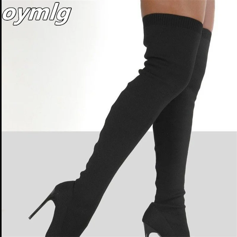 2022 autumn new large size women's boots elastic boots retro women's stiletto high heels knitted tube over the knee boots