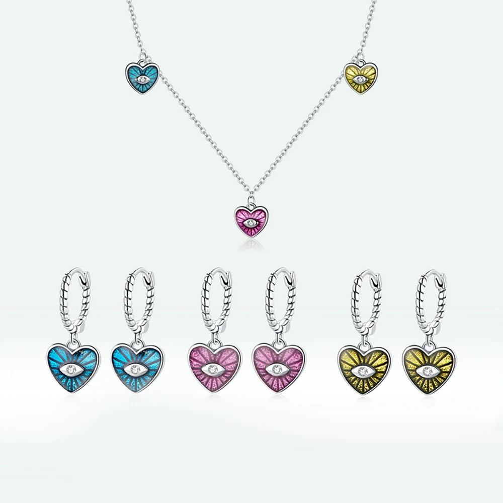 

100% S925 Sterling Silver Devil's Eye Earrings Female Heart-Shaped Oil Dripping Zircon Earrings Pendant Ladies Necklace Set