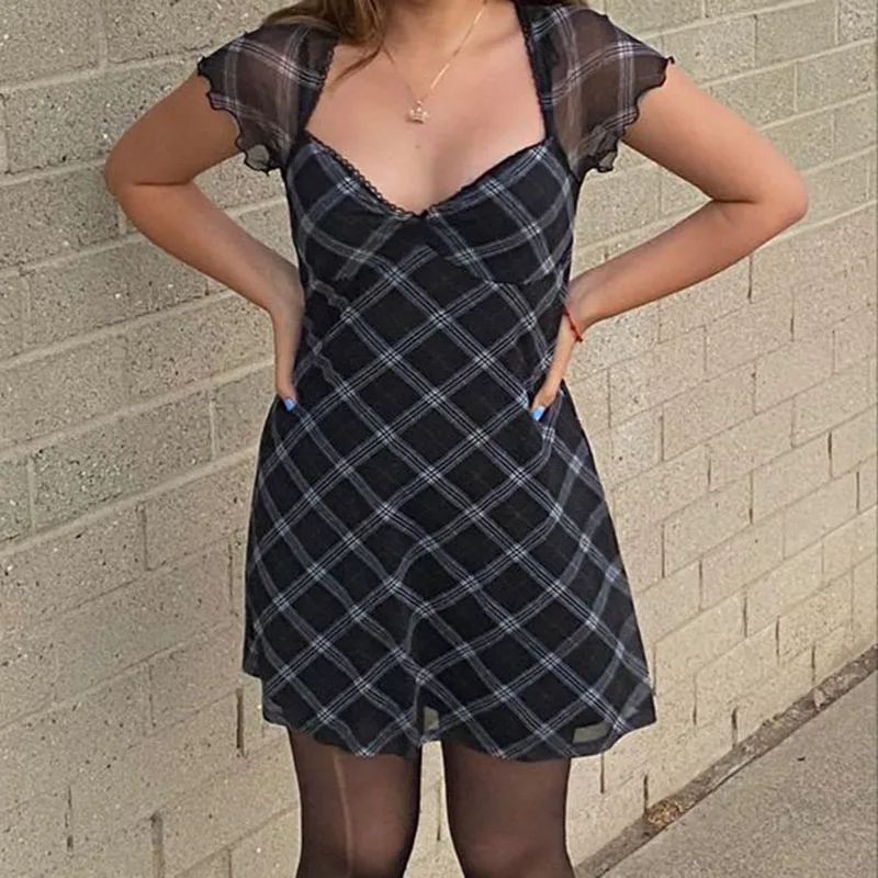 

Женское ТРАПЕЦИЕВИДНОЕ мини-платье в клетку, в стиле Харадзюку
