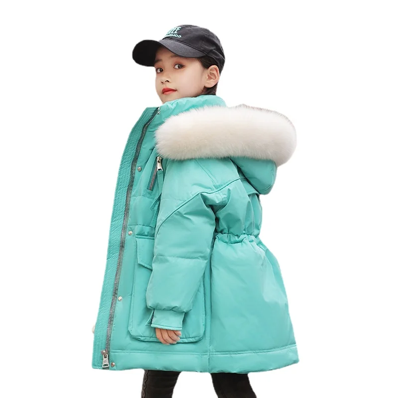5-14 Years Big Children Girl Winter Windproof Overalls Thick Outwear Down Jacket Toddler Warm Parka Fur Hooded Coat Kids Clothes