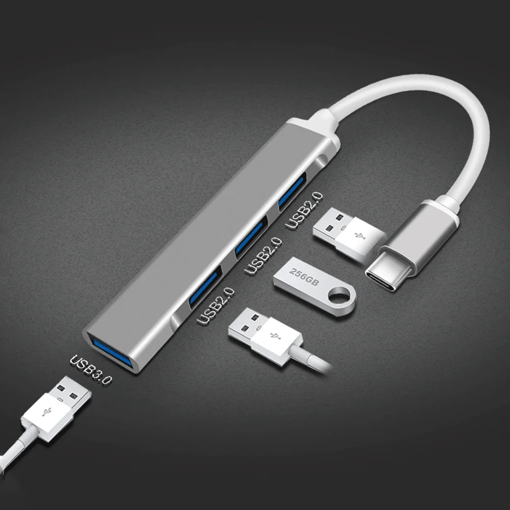 Фото Мини-USB-концентратор типа C, 4-портовый адаптер USB 3.0, мульти-сплиттер, док-станция 4 в 1, ультратонкая сверхскоростная алюминиевая док-станция для портативных ПК №2