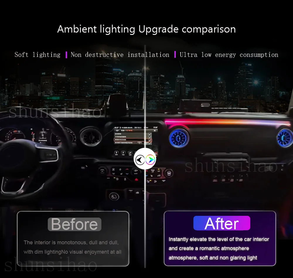 Фото Shunsihao окружающий свет для Jeep Wrangler JL Gladiator 2018-2023, вентиляционные отверстия, светодиодная подсветка, атмосферная лампа, воздуховыпускное отверстие Magic 256 №2