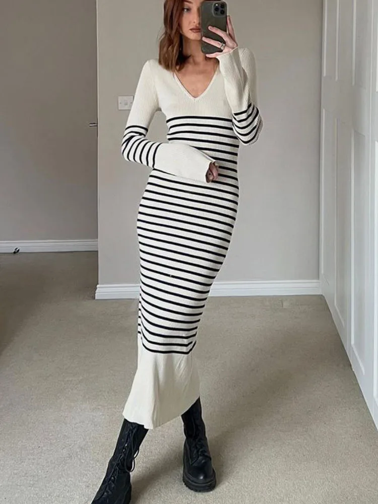 

Apprabant Autumnn Knitted Slim Maxi Dress V-neck Full Sleeve Rabbit Fleece Core Spun Yarn Waist Pit Stripe Casual Modes Vestido